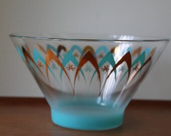 Vintage Mid Century Modern Atomic Space Age Glass Serving Bowl, Chip-n-Dip, Salad Bowl, Punch Bowl, Retro, Turquoise, Gold