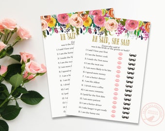 He Said, She Said Bridal Shower Game | Wedding Shower Game | Printable Shower Shower Game | Pink Floral Bridal Shower | 2428