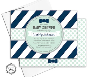Printable boy baby shower invitations, boy baby shower invites, bow tie baby shower invitation, little man baby shower navy mint - WLP00728
