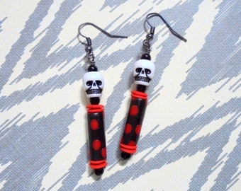 Black, White and Red Spotted Skull Earrings (3730)