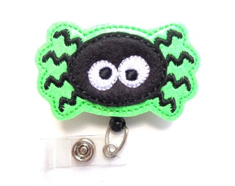 Halloween badge reel - id holder retractable - Silly Spider - lime green glitter vinyl black felt - medical staff nurse teacher badge reel