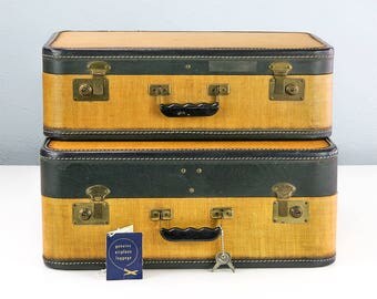 Vintage Suitcase Set, Like-New Blue Interiors, Tweed with Keys and Tag