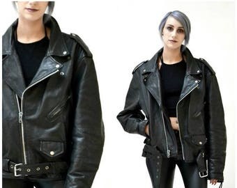 SALE Vintage Black Leather Motorcycle Jacket SIze Mens Large Women XL// Vintage Black Leather Biker Jacket Size Large XL by La Roxx