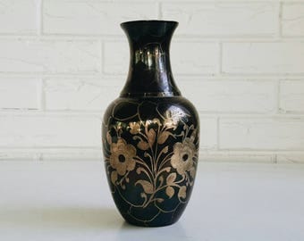 Vintage Black Brass Etched Vase from India - Modern Eclectic Decor - Brass Accent