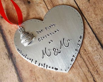 Handstamped Our First Christmas Ornament - Newlyweds - Our First Christmas As Mr and Mrs - Bride and Groom