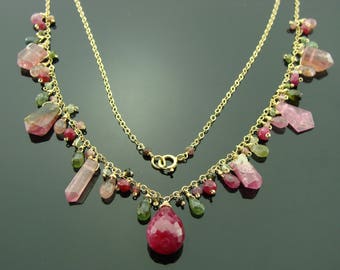 Ruby and Watermelon Tourmaline 14k Gold Filled Gemstone Necklace