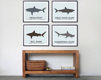 Shark decor, Prints for Kids Room - Set of four Shark prints, Shark wall art, shark toddler room, beach decor, Minimalist Wall decor