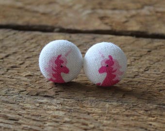 Bouton en tissu LICORNE // UNICORN fabric cover earrings // stud earrings (BO-1334)