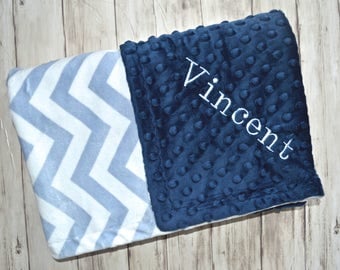 SALE Monogrammed Baby Blanket - Chevron Minky Navy and Light Blue Personalized - Boy Blanket with name, Birth Stats Newborn