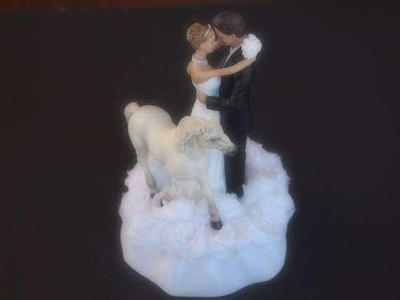 Wedding Cake Topper Horse White Light Gray Black Andalusian Bride and Groom Choose Hair and Flower Colors