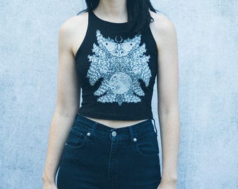 Luna Moth and Moon Botanical Screen Print Punk Crop Top