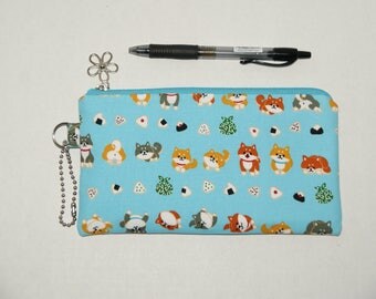 Padded Zipper Pouch / Pencil Case / Cosmetic Bag Made with Japanese Cotton Fabric "Mame Shiba - Musubi" Blue