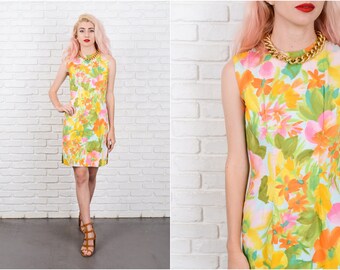 Vintage 60s Floral Mod Dress Vivid Bold blue Green Hawaiian Mod Mini XS 9706