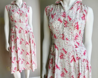 30s 40s Pink and White Day Dress - Novelty Print French Countryside - S