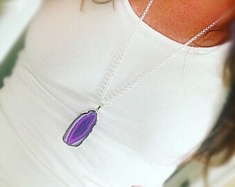 Purple Agate Slice Pendant Necklace