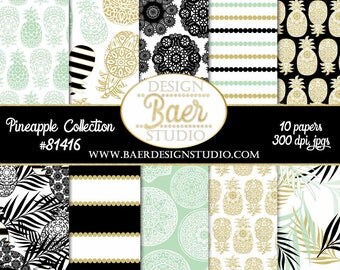 Pineapple Digital Paper:Digital Scrapbook Paper, Digital Paper Pack, Wedding Digital Paper, Gold Pineapple Paper, Mint Pineapple Paper