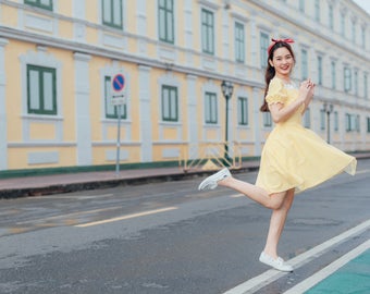 Happily Ever After - Puff Sleeve Dress Yellow Plaid Dress Swing Dance Dress Gingham Dress Summer Dress Floral Lace Trim Homecoming Dress