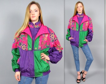 Vintage 90s Windbreaker Color Block Floral Print Purple Green Pink Bomber Zip Up Track Jacket Fresh Prince of Bel Air Hipster Retro Coat L