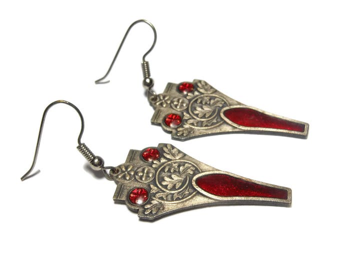FREE SHIPPING Red stain glass earrings, window look, pewter raised leaves, red enamel over design, religious icon, goth french hoops