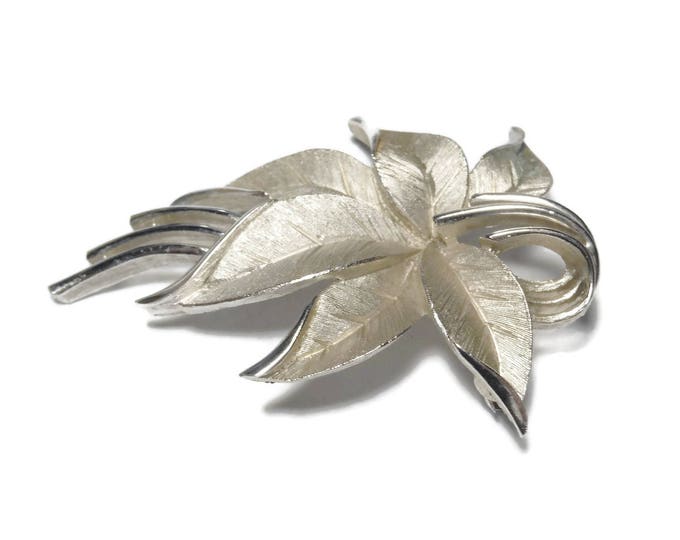 FREE SHIPPING Crown Trifari brooch, silver leaf brooch, beautifully detailed brushed leaves, flower or poinsettia