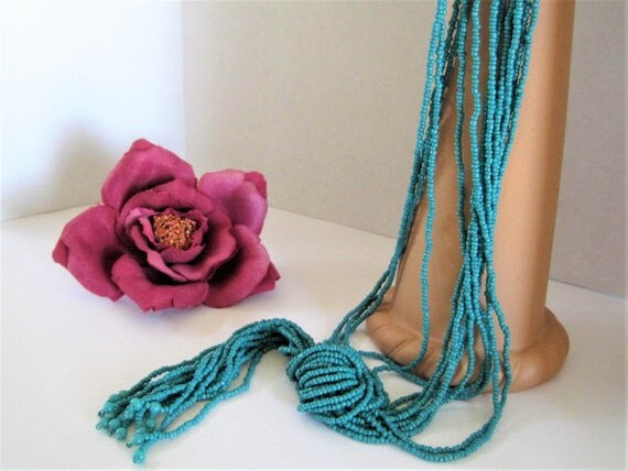 Turquoise Multistrand Necklace - Bead Torsade Necklace - 14 Strand Tassel Necklace
