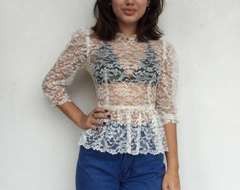 Sheer 70s victorian revival cream lace peplum blouse