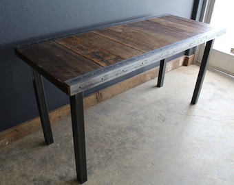 Industrial Dining Table with raw steel trim and straight steel legs