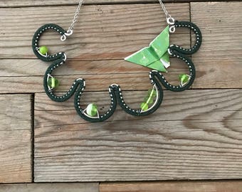 Green wire wrapping and hand blown lampwork glass necklace