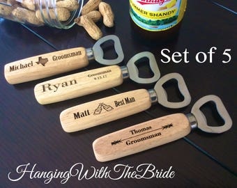 Set of 5 Personalized Bottle Opener, Groomsmen Gift, Wedding Gift, Engraved Wood opener, Custom Bottle Opener, Christmas gifts
