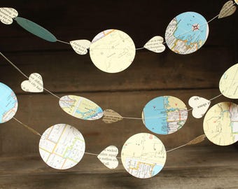 Map Garland, Vintage Atlas Garland, Paper Garland, Bon Voyage Party, Hot Air Balloon Garland, Made to Order, 10 feet long