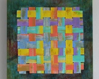 Paper Weaving Acrylic Paint Summer Day Mixed Media Wall Art Contemporary mixed media canvas wall display upcycled art