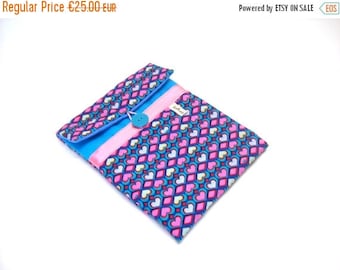 SALE ipad case turquoise canvas and graphic hearts fabric 8 inches tab sleeve in padded fabric