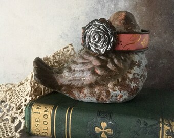Black Rose vintage tin assemblage bracelet, recycled vintage tin jewelry, black ceramic rose, eco friendly, cottage chic, Anvil Artifacts
