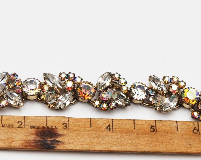 Rhinestone Bracelet - Juliana D & E - Clear AB Crystal Glass - Dangle beads - 5 link - DeLizza and Elster - Gold - vintage