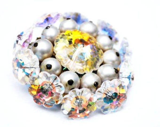 Vendome Brooch - Rivoli Crystal Rhinestone - faux pearl Bead - signed Atomic pin