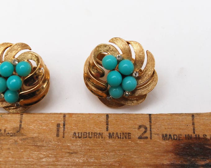 Crown Trifari Rhinestone Earrings - Turquoise - Clear Rhinestone - Swirl flower - gold metal - Mid Century - Clip on earring