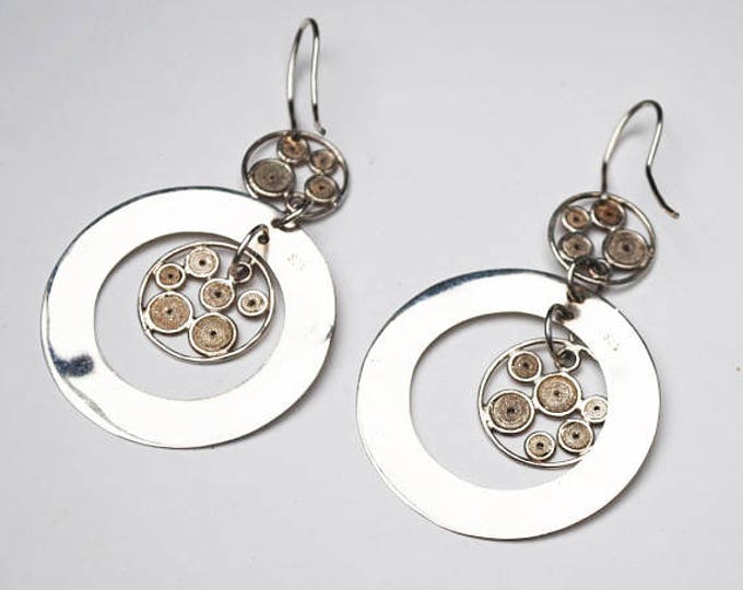 Sterling Dangle circle Earrings - Pierced multi circle rings - Calder Style - Modernistic Earring