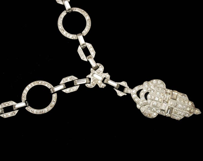 Art Deco Rhinestone necklace - Silver Pot metal - Geometric shape links -Vintage paste pave crystal