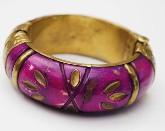 Purple Bone Brass Hinge bracelet - gold floral design - Boho chunky India bangle