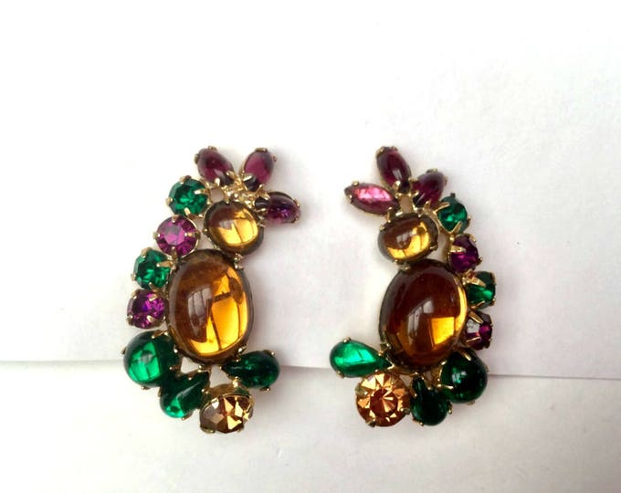 Cabochon Flower Brooch earring set -Topaz brown green Purple Glass - Gold plated metal - Climber earring -Mid Century - clip on earrings