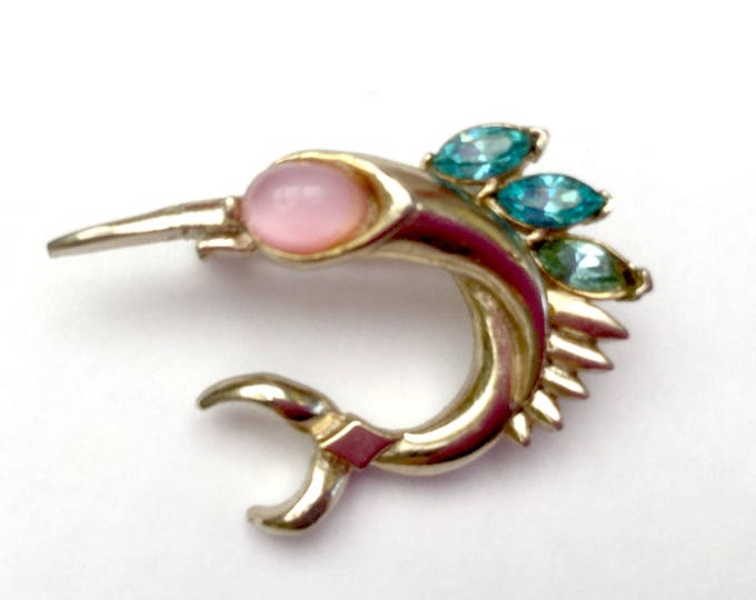 Coro Sword Fish Brooch - Gold -Pink Blue Rhinestone - Signed figurine fish pin