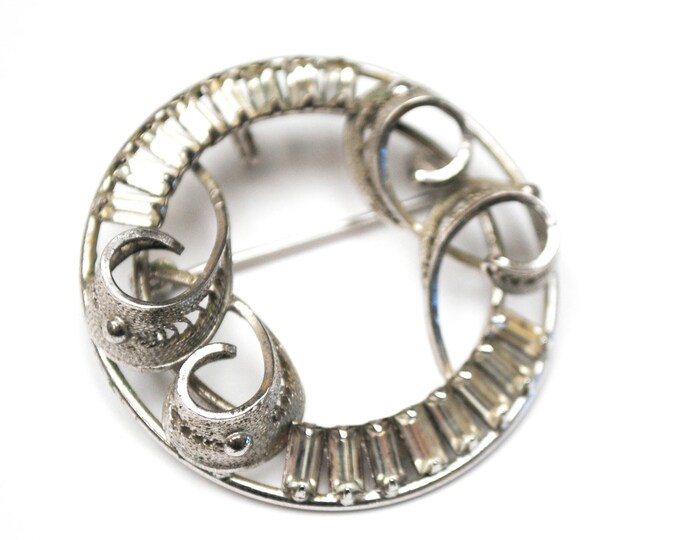 Sterling Rhinestone Brooch Pendant - Clear crystal - round wreath pin - silver swirl filigree Pin