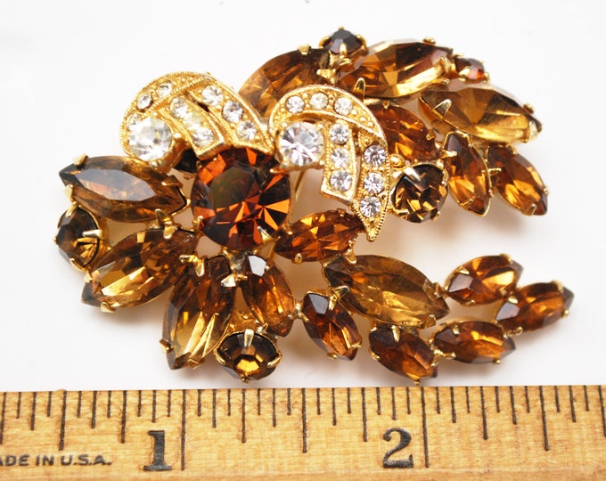 Weiss Rhinestone Brooch -Brown Orange Champagne - Clear Crystal - Gold metal Floral Leaf pin