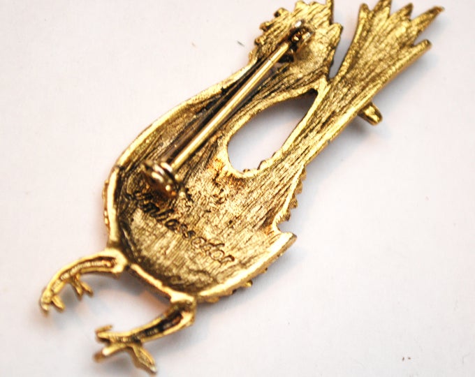 Road Runner Bird Brooch -Signed Ambassoder - Gold metal - green eye - figurine bird pin