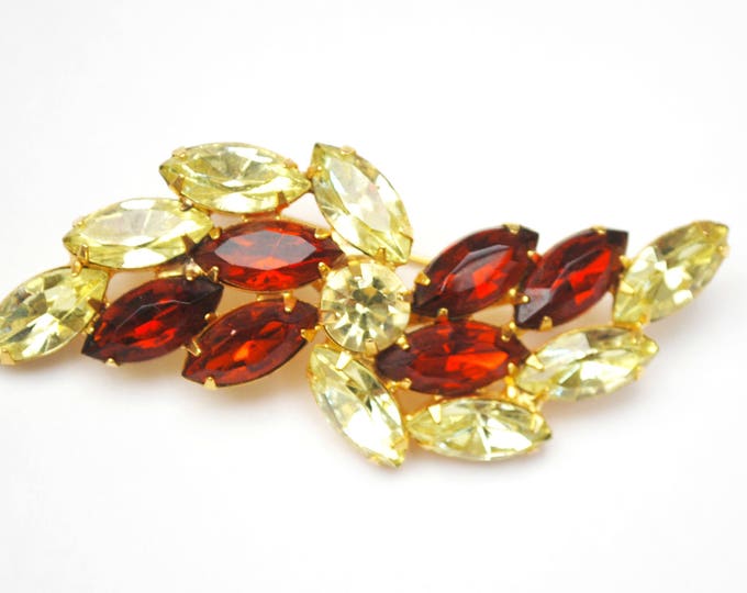 Rhinestone Bar Bow Brooch - Light yellow Crystal - dark Orange Glass -- gold setting Floral pin