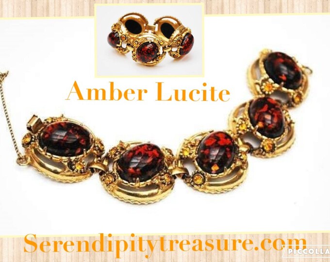 Chunky Amber Lucite Link Bracelet - Large oval Confetti brown orange - Orange rhinestone- gold tone metal