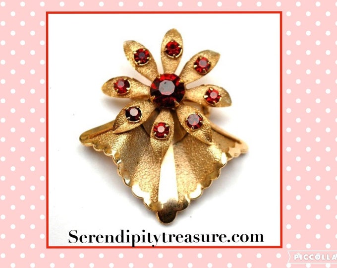 Flower Brooch - Red Rhinestone - gold floral pin - Mid Century - Atomic