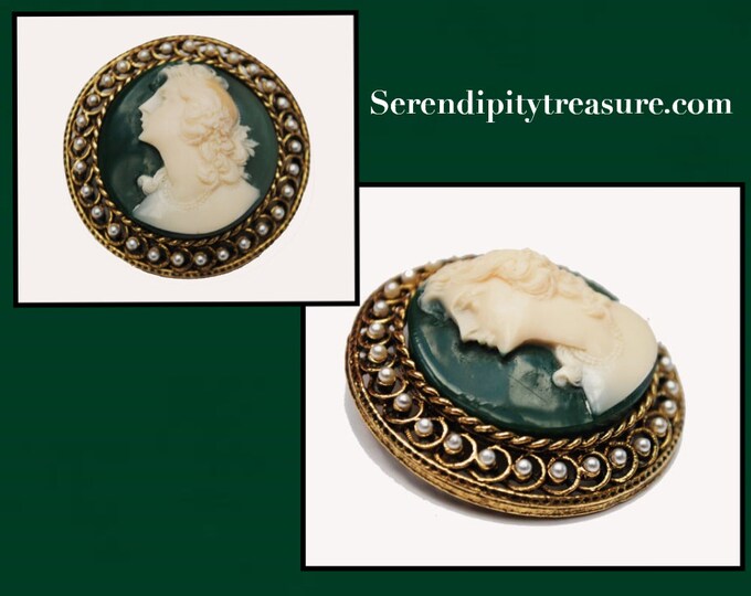 Cameo Brooch - Art Mode signed - Round gold tone - Green White Resin Cameo -Pearl - Mid Century Pin