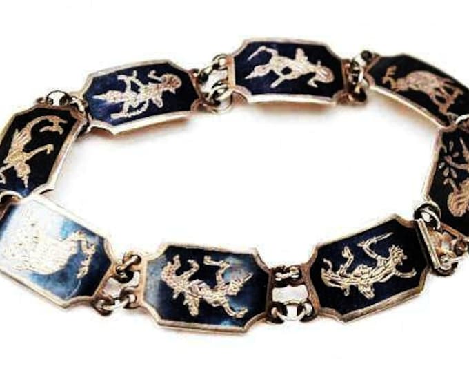 Siam Sterling Link Bracelet - Neillo Enamel - Silver Black - Asian - Signed Thailand