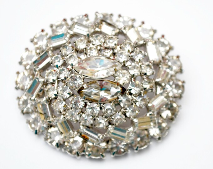 Rhinestone Brooch - Large Atomic Pin - Clear Ice Rhinestone - domed layered Mid Century Snow flake 2 inch